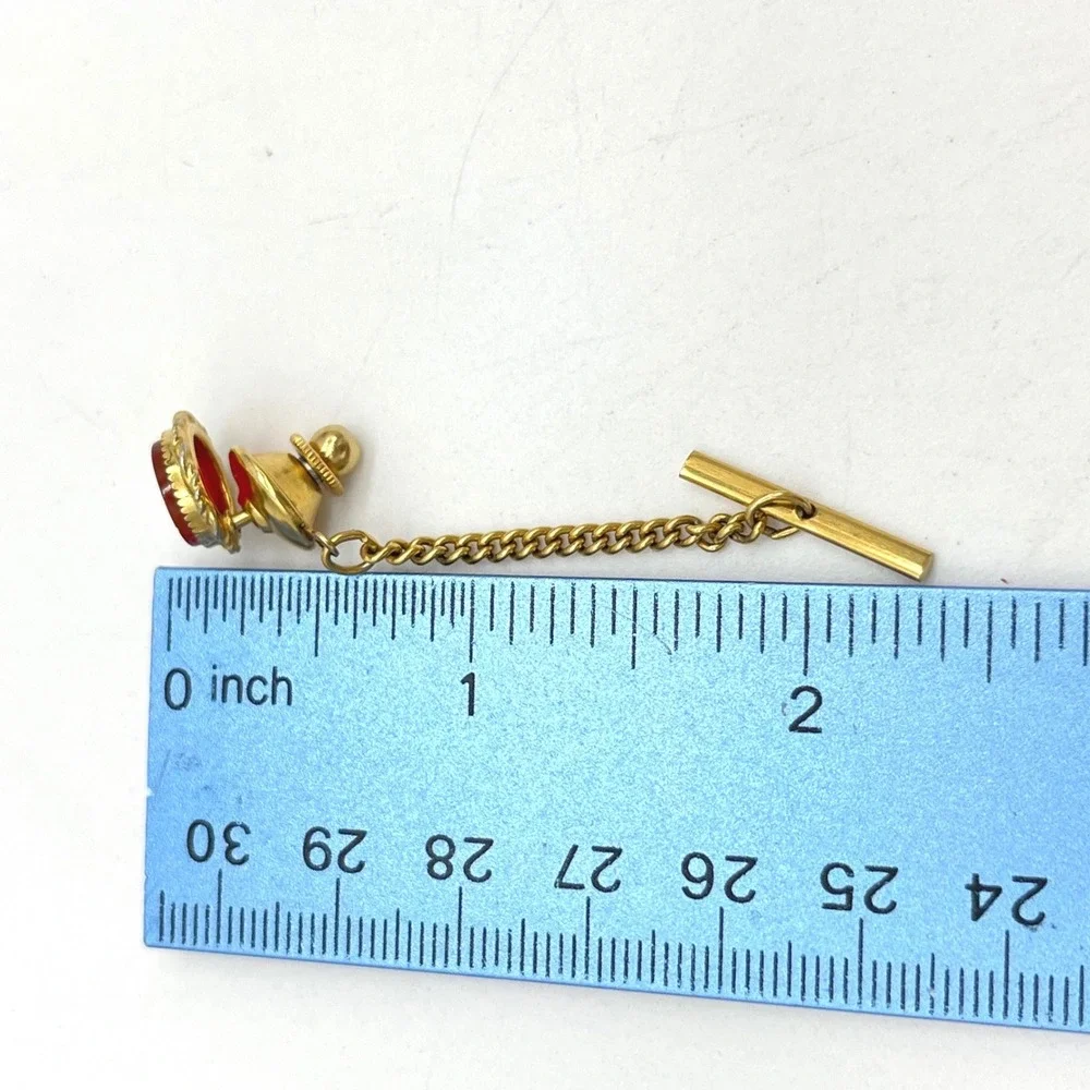Vintage Gold Tone Red Intaglio Spartan‎ Tie Tack with Chain and T-Bar Accessory